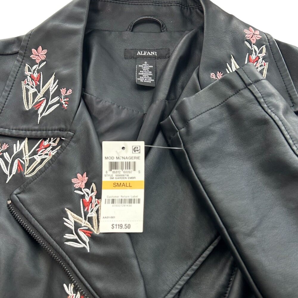NWT Alfani Embroidered Moto Jacket Black Sz S Faux Vegan Leather Floral Biker - Picture 7 of 12